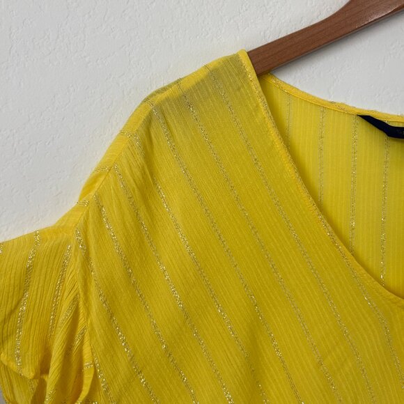 Rachel Roy Top Womens 0X Plus Yellow Silver Metallic Striped Front Tie Blouse - Picture 4 of 7